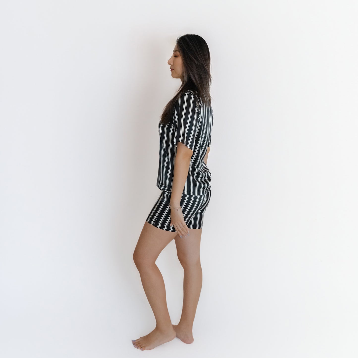 Washable Silk- Stripes Shortie PJ Set - Black