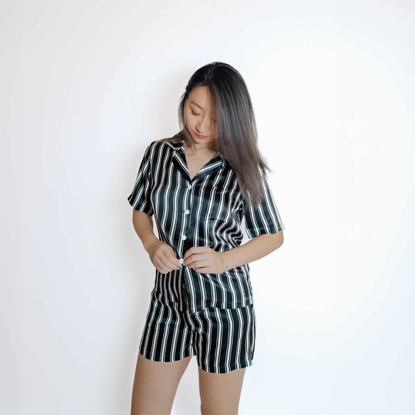Washable Silk- Stripes Shortie PJ Set - Black