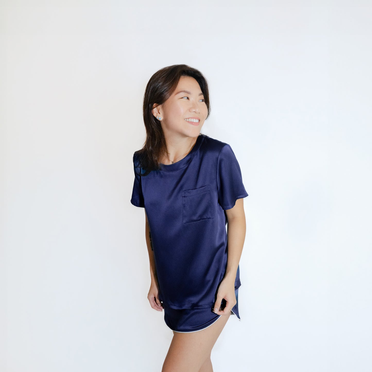 Washable Silk- Tee Shorties Set - Dark Blue