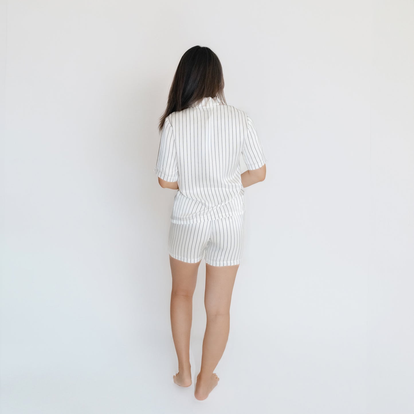 Washable Silk- Stripes Shortie PJ Set - White