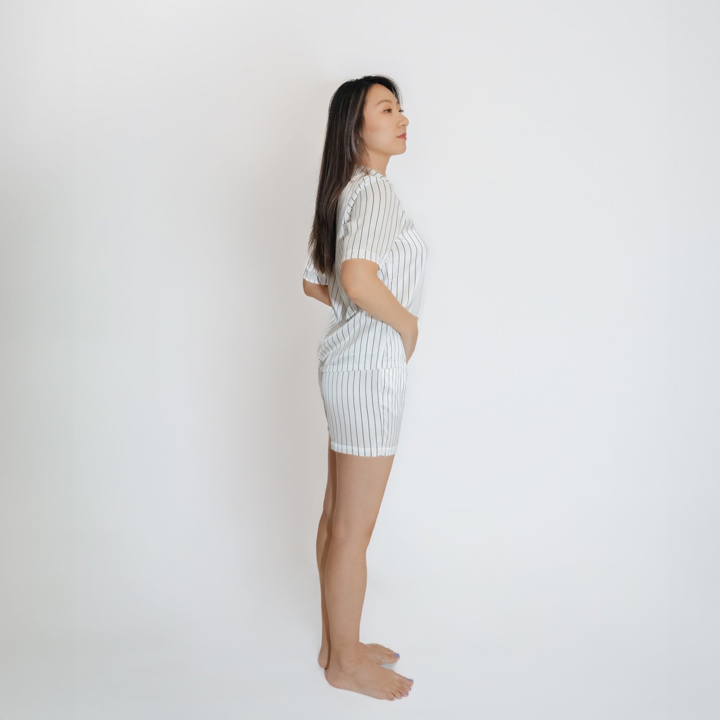 Washable Silk- Stripes Shortie PJ Set - White