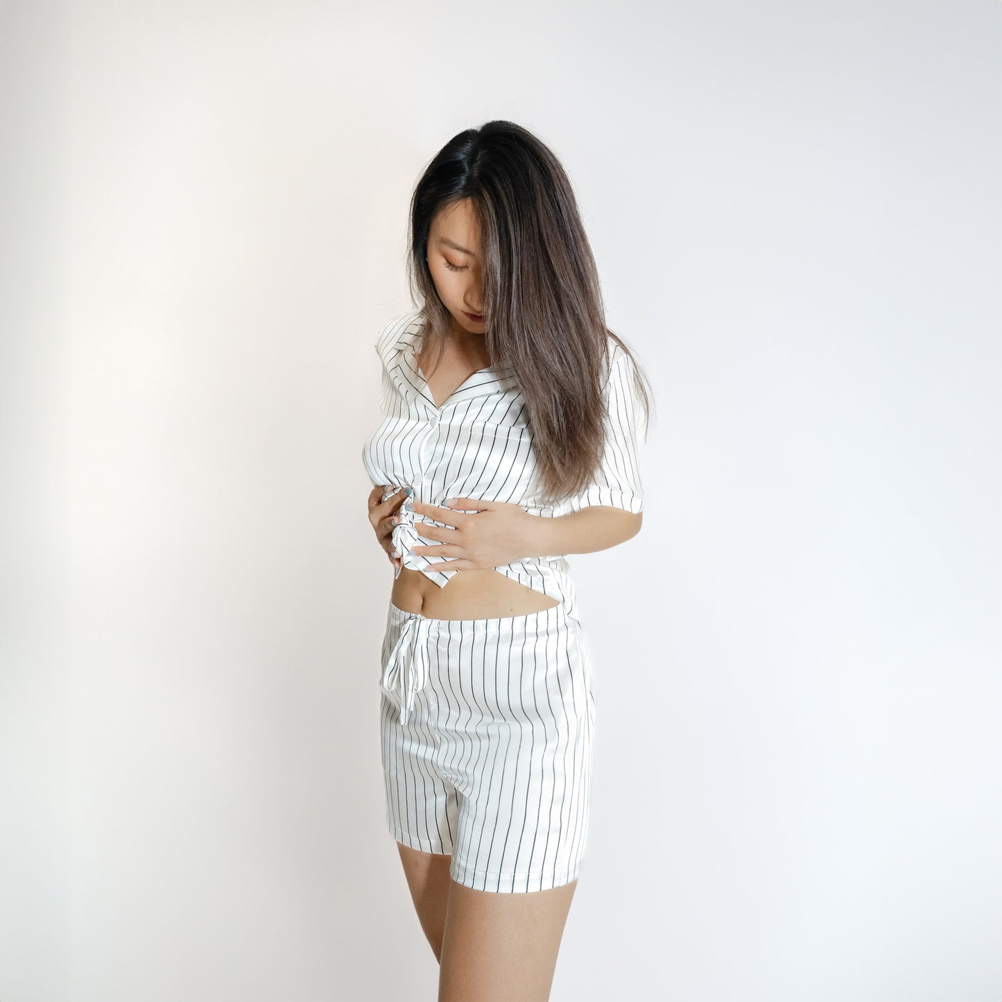 Washable Silk- Stripes Shortie PJ Set - White