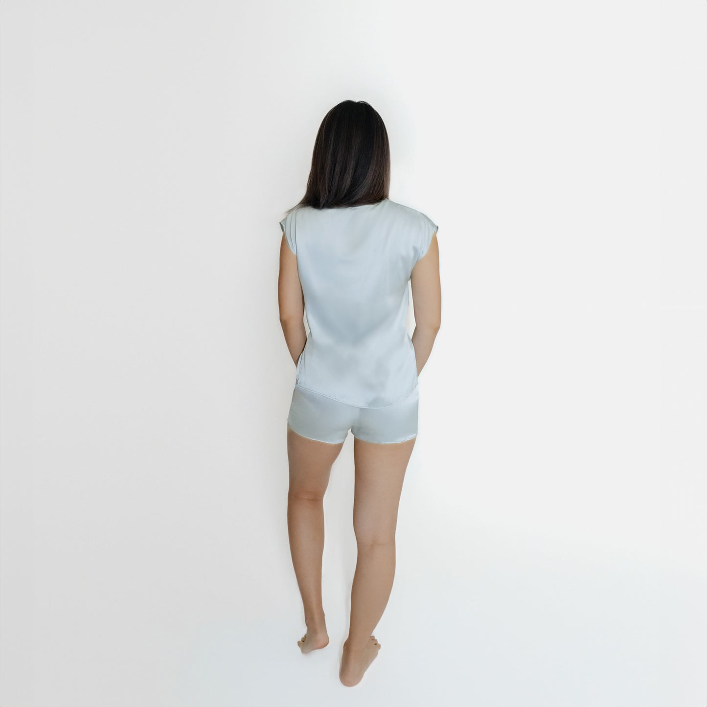Washable Silk- Cap Sleeved Shorties Set - Meditative Blue