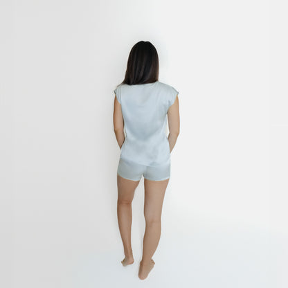 Washable Silk- Cap Sleeved Shorties Set - Meditative Blue