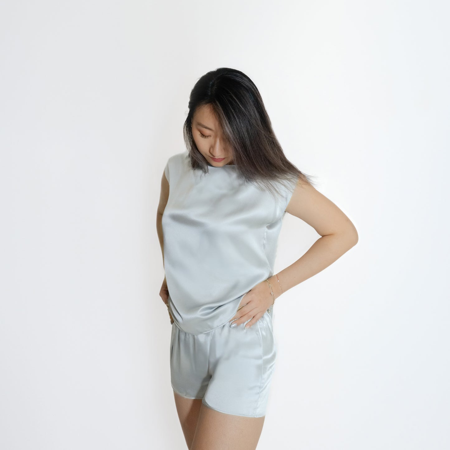 Washable Silk- Cap Sleeved Shorties Set - Meditative Blue