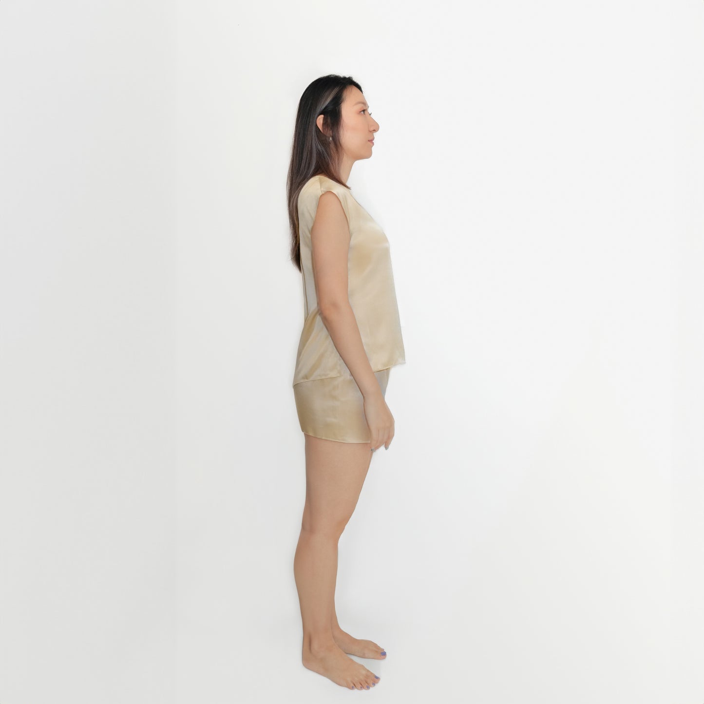 Washable Silk- Cap Sleeved Shorties Set- Champagne
