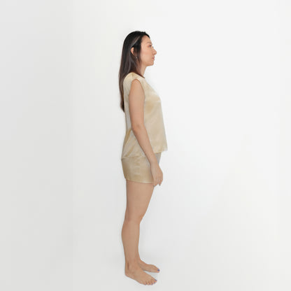 Washable Silk- Cap Sleeved Shorties Set- Champagne