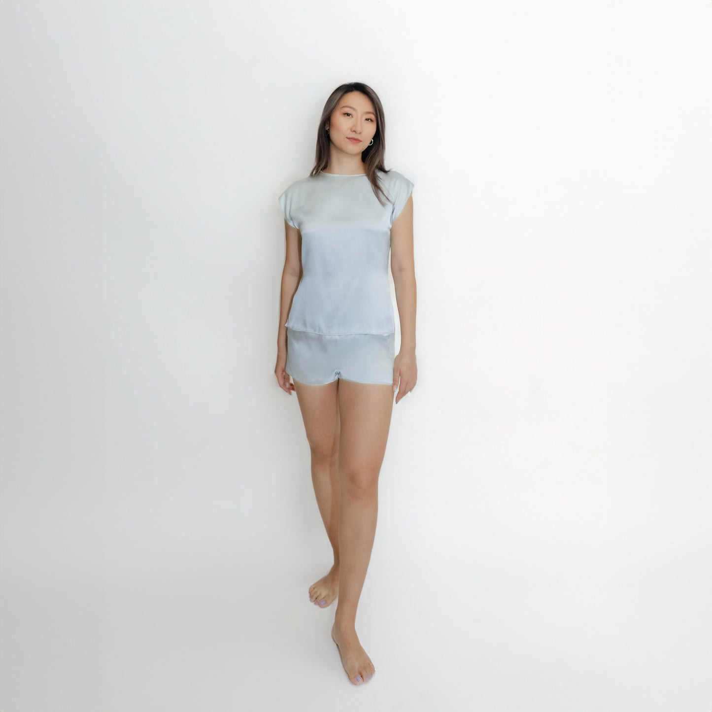 Washable Silk- Cap Sleeved Shorties Set - Meditative Blue