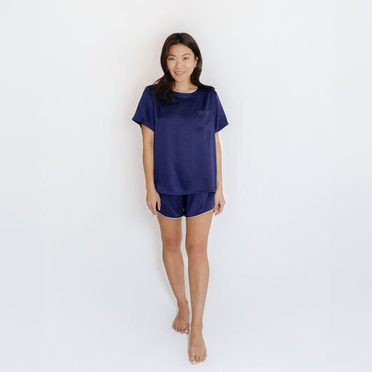 Washable Silk- Tee Shorties Set - Dark Blue